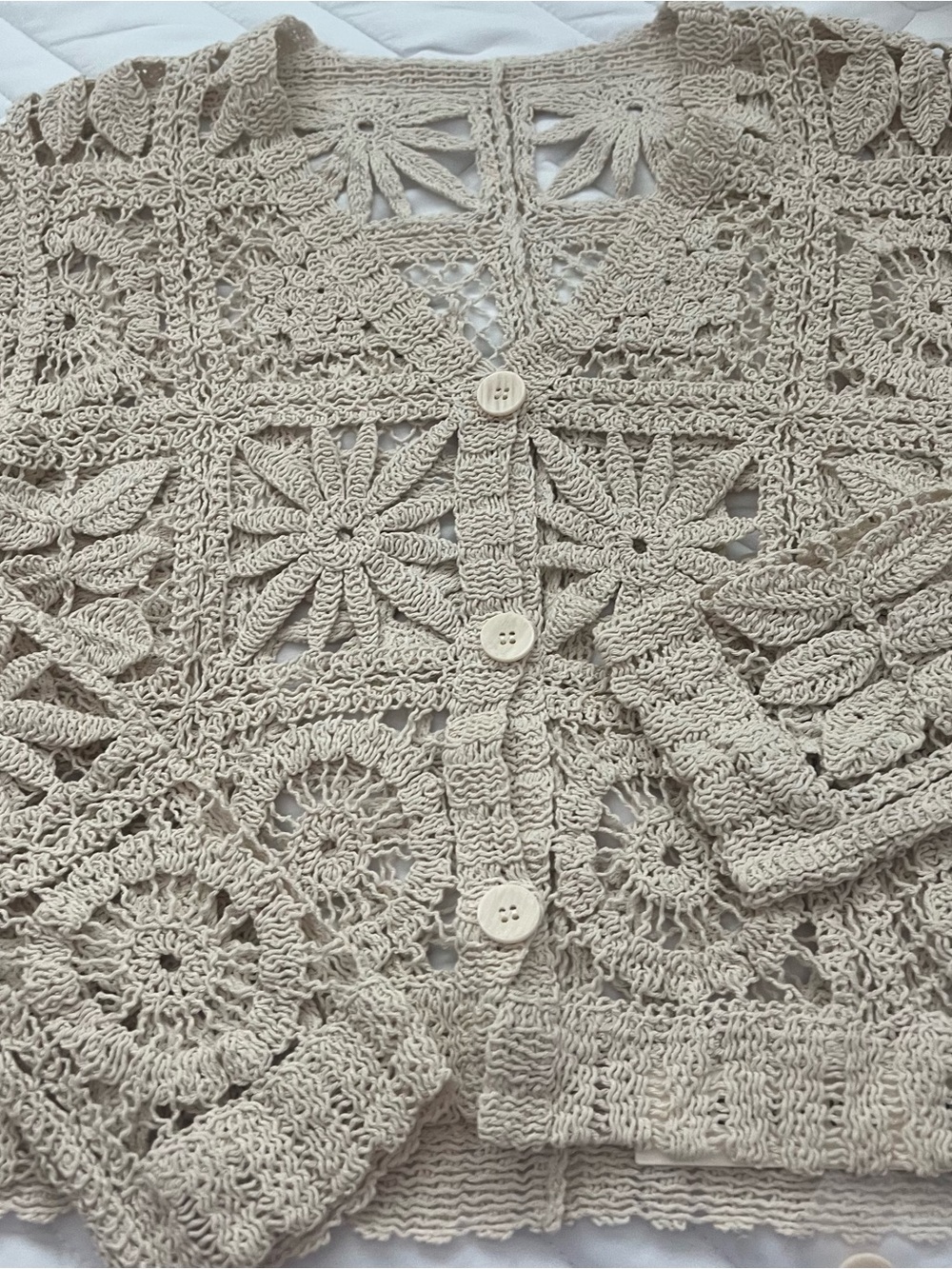 Commense Openwork Crochet Knit Top in Beige